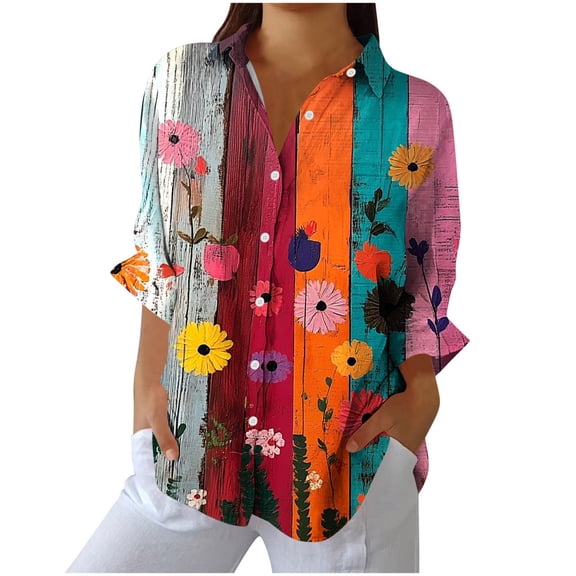 Enjoytime Shirts for Women Dressy Casual Floral Printed Button Down Blouses Business Work Long Sleeve Collared Plus Size Tops