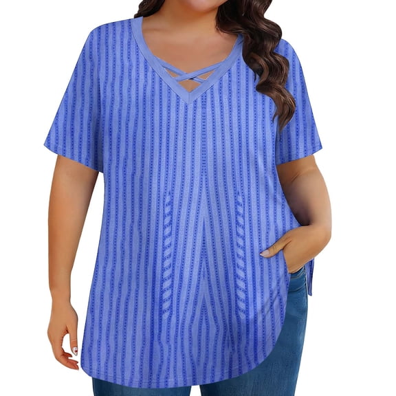 Enjoytime Shirts for Women Fashion Striped V-Neck Short Sleeve Tops Spring Summer Casual Trendy Plus Size Shirts Dark Blue XXL