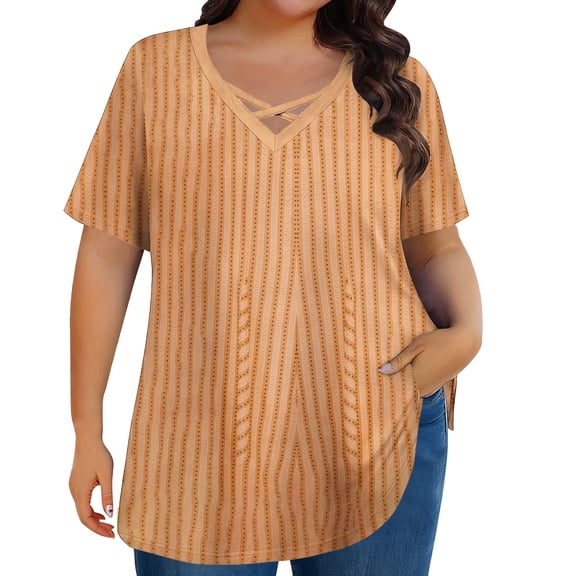 Enjoytime Shirts for Women Fashion Striped V-Neck Short Sleeve Tops Spring Summer Casual Trendy Plus Size Shirts Gold XXXXXL
