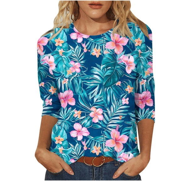 Enjoytime Shirts for Women Hawaiian Printed Round Neck 3/4 Sleeve Tops Spring Summer Beach Vacation Casual Plus Size Blouses Mint Green S