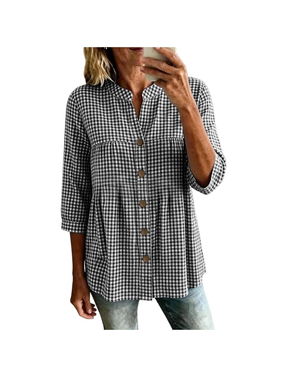 Shirts for Women Plaid V-Neck 3/4 Sleeve Button Down Blouses Business Vacation Plus Size Summer Tops