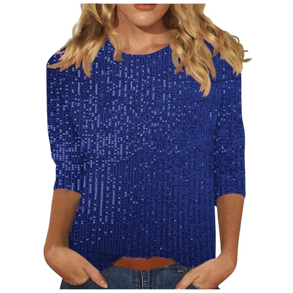 Enjoytime Shirts for Women Sequin Solid Color Crewneck 3/4 Sleeve Tops Fashion Party Trendy Casual Blouses Blue XXL
