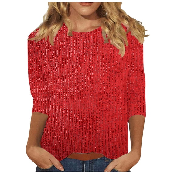 Enjoytime Shirts for Women Sequin Solid Color Crewneck 3/4 Sleeve Tops Fashion Party Trendy Casual Blouses Red S