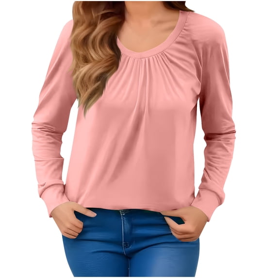 Enjoytime Shirts for Women Solid Color Crewneck Long Sleeve Blouse Loose Soft Business Casual Plus Size Fall Tops Pink L