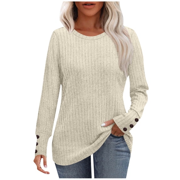 Enjoytime Shirts for Women Solid Color Crewneck Long Sleeve Tops Trendy Business Casual Blouses Fashion Fall Winter Clothes Beige S