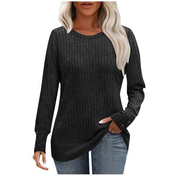 Enjoytime Shirts for Women Solid Color Crewneck Long Sleeve Tops Trendy Business Casual Blouses Fashion Fall Winter Clothes Black S