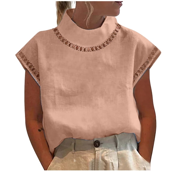 Enjoytime Shirts for Women Solid Color Cut Out High Neck Short Sleeve Blouse Summer Work Dressy Casual Tops