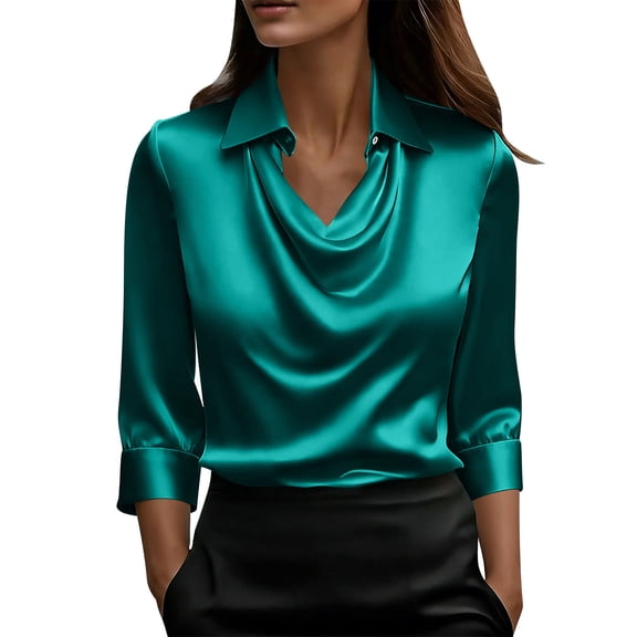 Enjoytime Shirts for Women Solid Color Lapel Ruffled Collar Satin Blouse Dressy Work Business Casual 3/4 Sleeve Tops Green XL