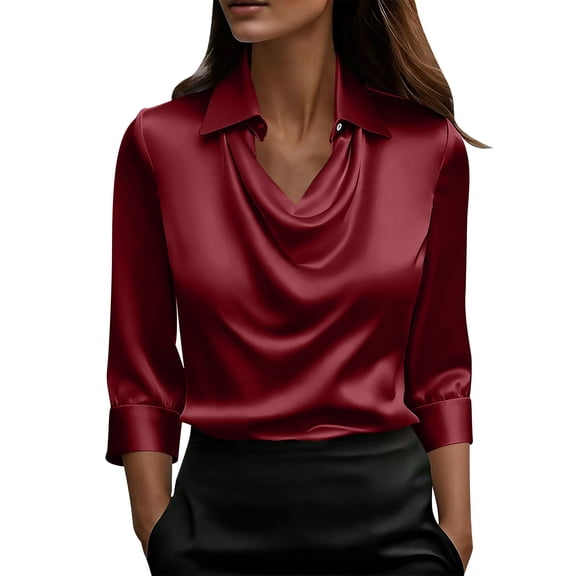 Enjoytime Shirts for Women Solid Color Lapel Ruffled Collar Satin Blouse Dressy Work Business Casual 3/4 Sleeve Tops Red XXL