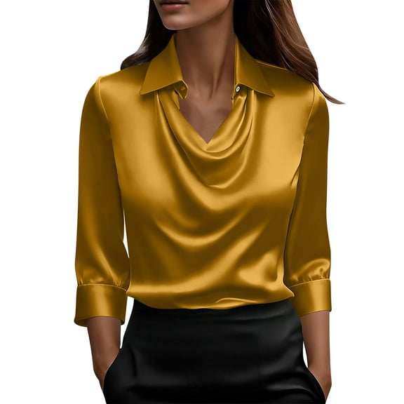Enjoytime Shirts for Women Solid Color Lapel Ruffled Collar Satin Blouse Dressy Work Business Casual 3/4 Sleeve Tops Yellow L
