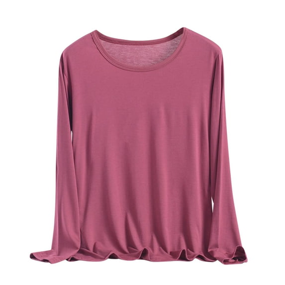 Enjoytime Shirts for Women Solid Color Long Sleeve Round Neck Basic Tops Casual Loose Trendy Plus Size Women Blouses Red XXXXXL