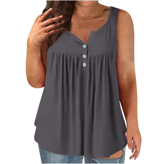 Enjoytime Shirts for Women Solid Color Pleated Sleeveless Button Down Blouses Trendy Casual Beach Vacation Plus Size Tank Tops