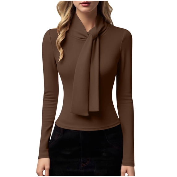 Enjoytime Shirts for Women Solid Color Ribbon Half High Neck Long Sleeve Blouses Elegant Commuting Business Casual Tops Brown M