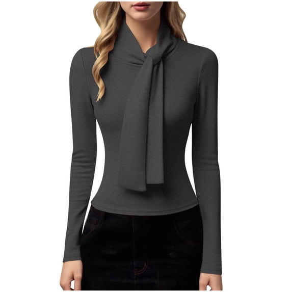 Enjoytime Shirts for Women Solid Color Ribbon Half High Neck Long Sleeve Blouses Elegant Commuting Business Casual Tops Dark Gray S