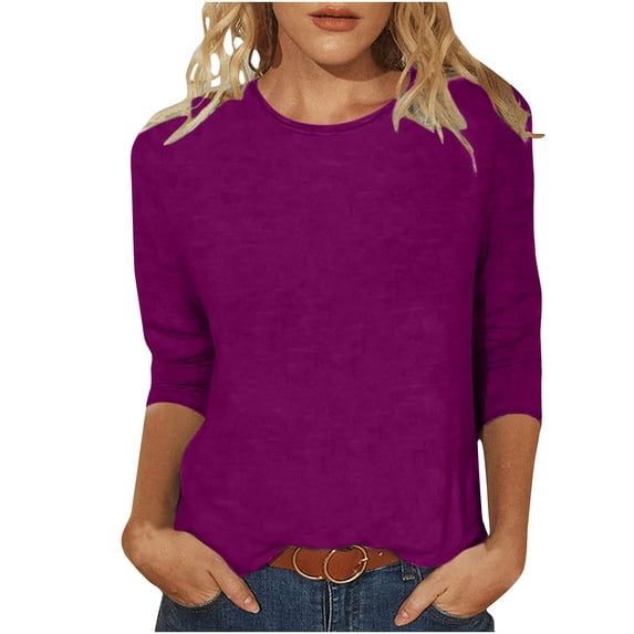 Enjoytime Shirts for Women Solid Color Round Neck 3/4 Sleeve Basic Tops Spring Summer Trendy Business Casual Blouses Hot Pink XXL