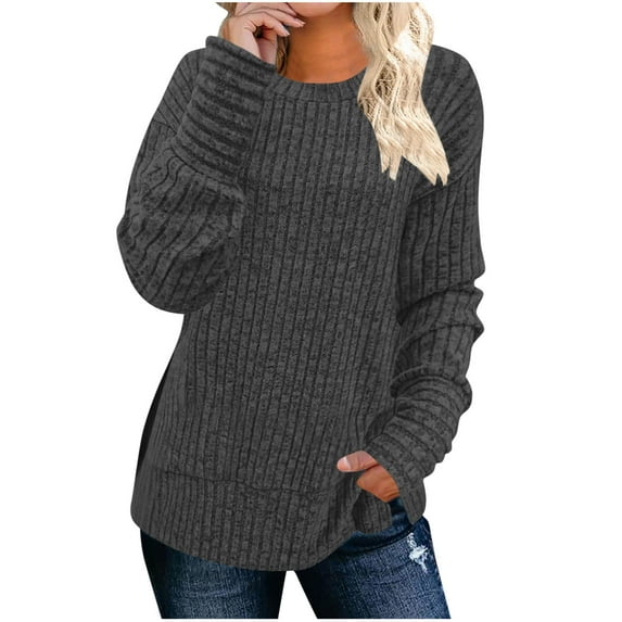 Enjoytime Shirts for Women Solid Color Round Neck Long Sleeve Blouses Business Work Casual Tops Fall Winter Fashion Clothing Gray M