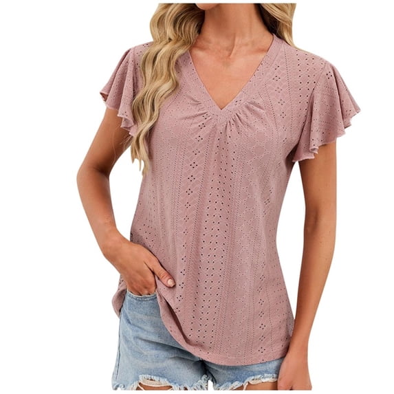 Enjoytime Shirts for Women Solid Color Round Neck Ruffle 1/4 Sleeve Shirt Spring Summer Trendy Business Casual Blouse Pink XXL