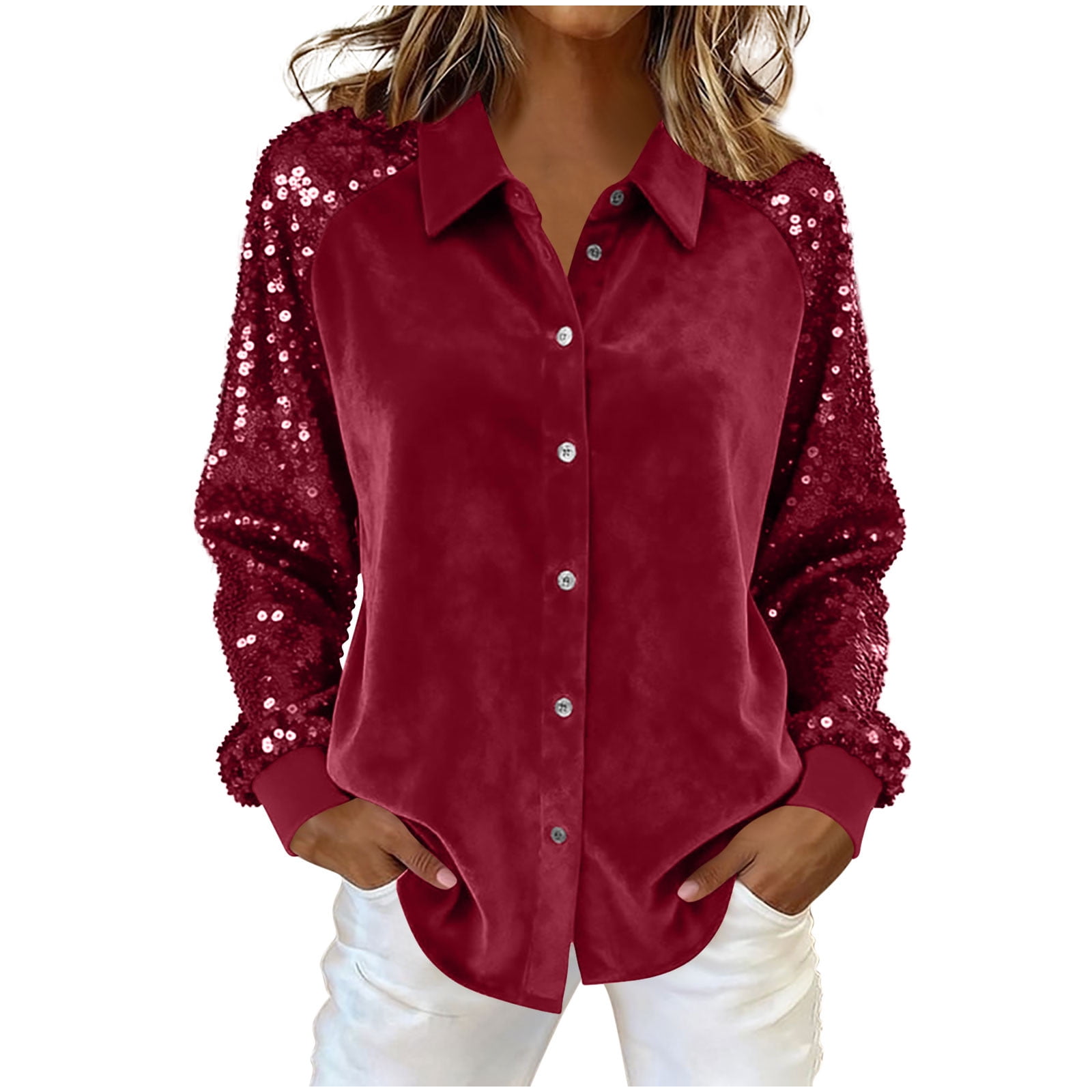 Sexy Solid See-through Sequined Turndown Collar Blouses