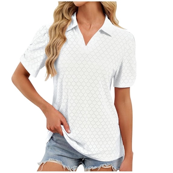 Enjoytime Shirts for Women Solid Color V-Neck Collared Short Sleeve Tops Summer Trendy Business Casual Blouse White L