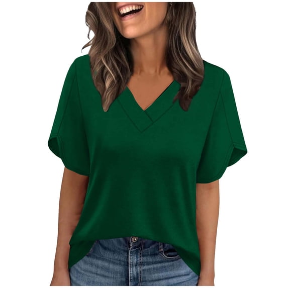 Enjoytime Shirts for Women Solid Color V-Neck Ruffle Short Sleeve Blouse Spring Summer Trendy Business Casual Tops Army Green XXL