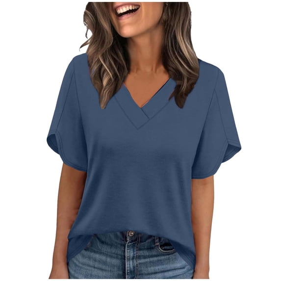 Enjoytime Shirts for Women Solid Color V-Neck Ruffle Short Sleeve Blouse Spring Summer Trendy Business Casual Tops Navy S