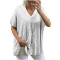 thumbnail image 1 of Enjoytime Shirts for Women Solid Color V-Neck Sequins Short Sleeve Blouses Summer Spring Fashion Loose Casual Plus Size Tops Silver L, 1 of 5