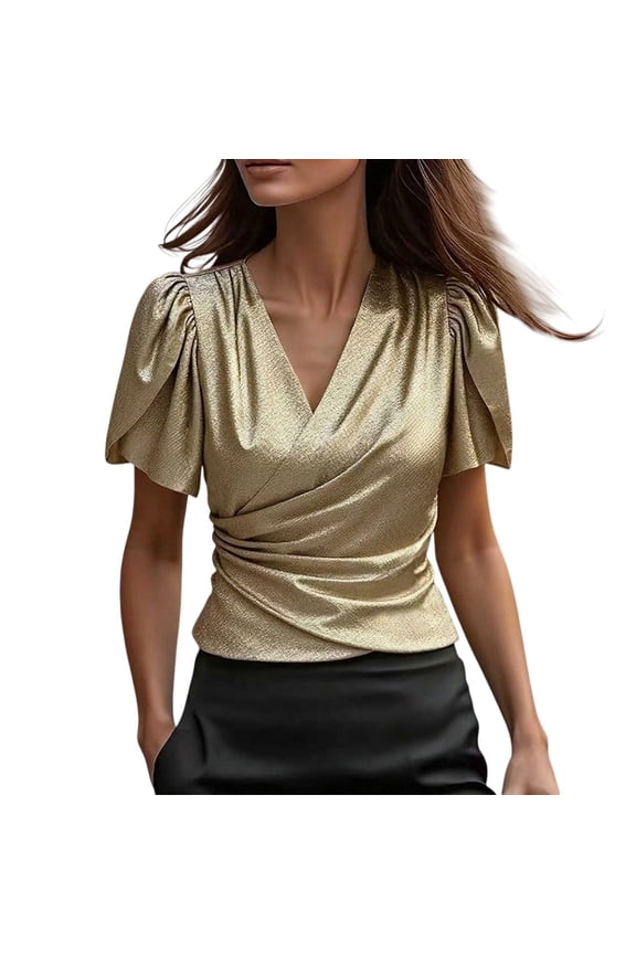 Shirts for Women Solid Color V-Neck Short Sleeve Pleated Satin Blouse Spring Summer Elegant Business Office Work Tops Gold M
