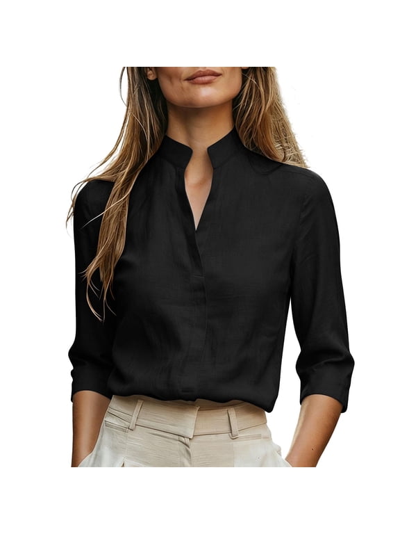 Shirts for Women Stand Collar V Neck Linen 3/4 Sleeve Tops Lightweight Business Casual Work Blouses