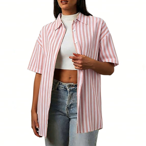 Enjoytime Shirts for Women Striped Collared Short Sleeve Button Down Blouses Spring Summer Casual Tops Beach Vacation Clothes Red M