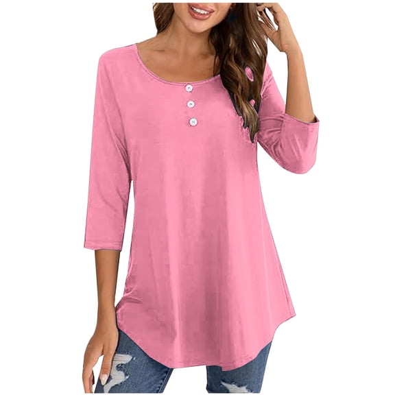 Enjoytime Shirts for Women Trendy 2024 Round Neck 3/4 Sleeve Women Solid Color Button Tops Loose Tunic Blouses Tee Top