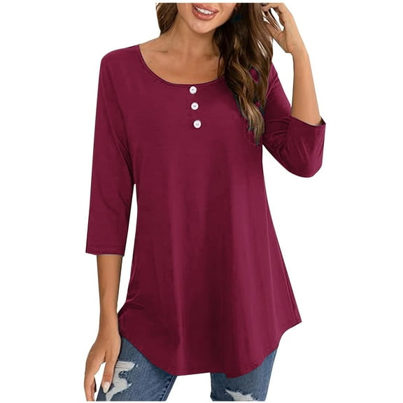 Enjoytime Shirts for Women Trendy 2025 Round Neck 3/4 Sleeve Women Solid Color Button Tops Loose Tunic Blouses Tee Top