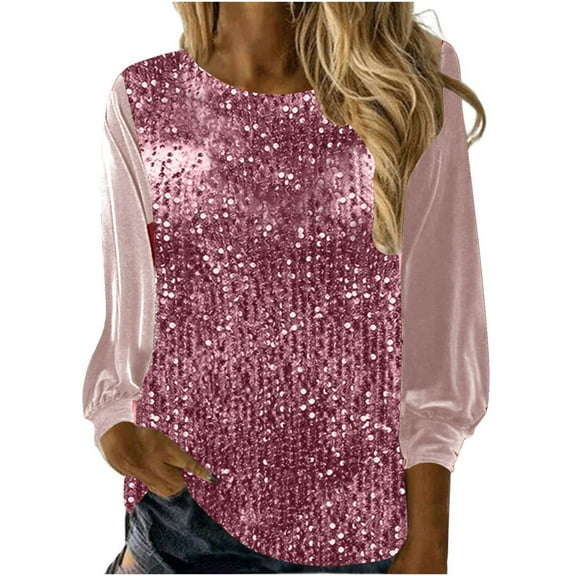 Enjoytime Shirts for Women Trendy Long Sleeve Solid Color Round Neck Sequin Blouse Business Casual Work Tops