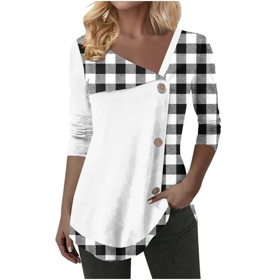 Enjoytime Shirts for Women Trendy Patchwork V-Neck Long Sleeve Casual Tops Business Dressy Casual Womens Button Down Blouses White S