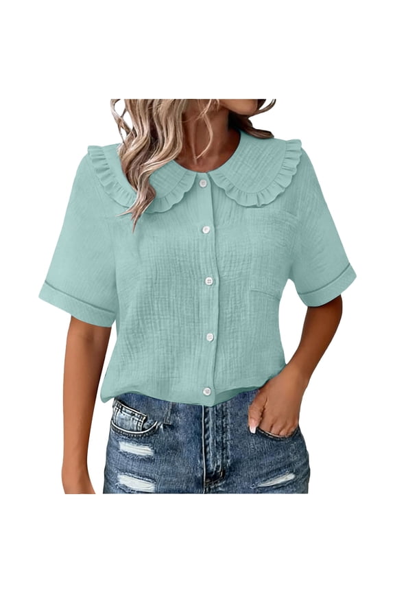Shirts for Women Trendy Peter Pan Collar Button Down Blouses Summer Casual Cute Short Sleeve Plus Size Tops
