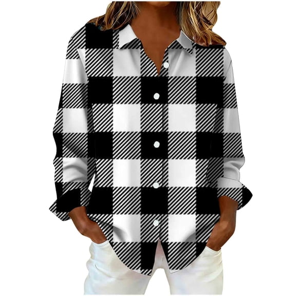 Enjoytime Shirts for Women Trendy Plaid V-Neck Collared Long Sleeve Button Down Blouses Fashion Business Casual Work Plus Size Tops Black XXL