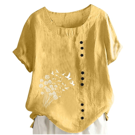 Enjoytime Shirts for Women Trendy Printed Crewneck Button Short Sleeve Tops Spring Summer Fashion Loose Casual Blouses Yellow S