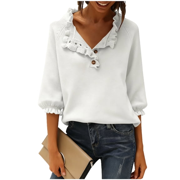 Enjoytime Shirts for Women Trendy Solid Color V-Neck Long Sleeve Tops Casual Knitted Button Down Blouses Plus Size Womens Clothing White S
