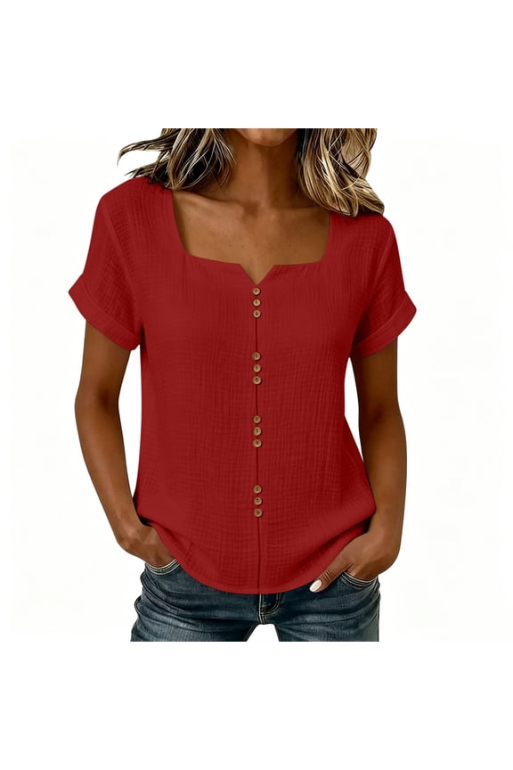 Enjoytime Shirts for Women Trendy Square Neck Short Sleeve Tops Summer Casual Work Blouses