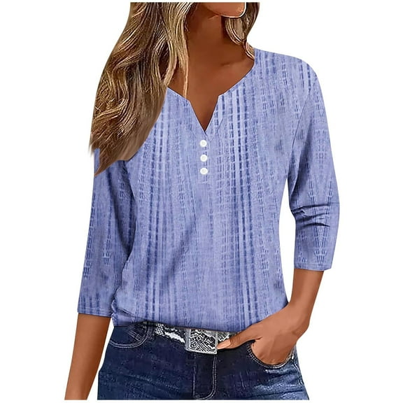 Enjoytime Shirts for Women Trendy Vintage Printed V-Neck Button Down Blouse Business Casual 3/4 Sleeve Tops Fashion Plus Size Clothing Blue M