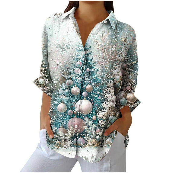 Enjoytime Shirts for Women Vintage Printed Long Sleeve V-Neck Button Down Blouses Fashion Casual Xmas Holiday Plus Size Fall Tops