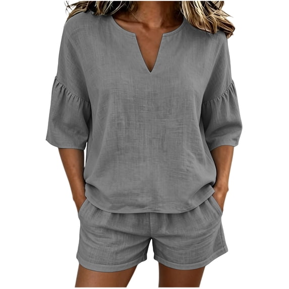 Enjoytime Short Sets for Women Summer V-Neck Tops with Shorts 2 Piece Outfits Casual Travel Vacation Matching Set