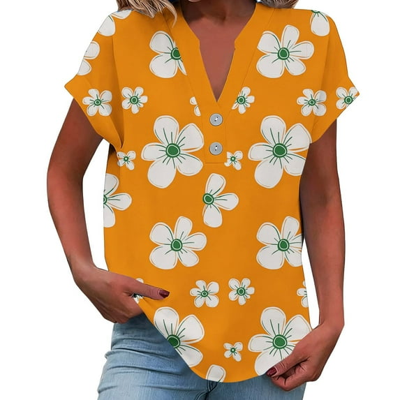 Enjoytime Short Sleeve Shirts for Women Floral Printed V-Neck Button Down Blouses Summer Spring Trendy Casual Plus Size Tops Orange L