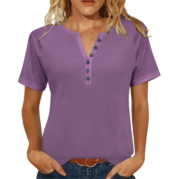 Enjoytime Short Sleeve Shirts for Women Solid Color V-Neck Basic Button Down Blouse Trendy Business Casual Plus Size Tops Purple XXL