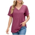 thumbnail image 1 of Enjoytime Short Sleeve Shirts for Women Solid Color V-Neck Casual Tops Summer Loose Casual Blouse Beach Vacation Clothes Wine L, 1 of 5