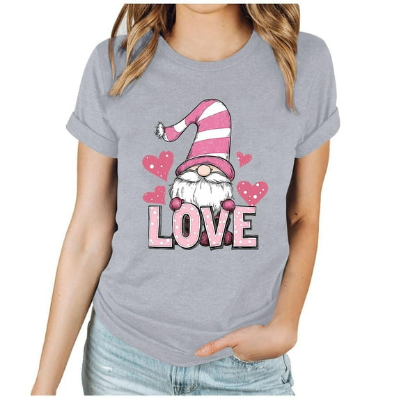 Enjoytime Short Sleeve Shirts for Women Valentine's Heart Graphic Round Neck Casual Blouses Trendy Fashion Plus Size Tops Gray M
