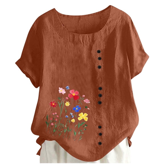 Enjoytime Short Sleeve Tops for Women Floral Printed Round Neck Button Shirt 2026 Spring Summer Fashion Casual Blouse Brown S