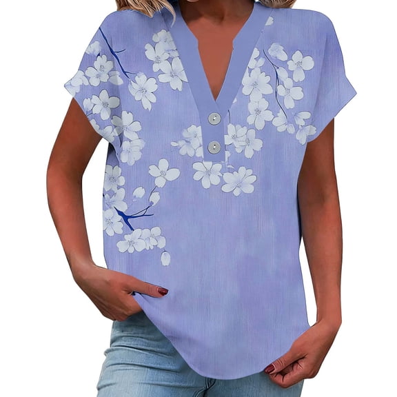 Enjoytime Short Sleeve Tops for Women Floral Printed V-Neck Button Down Shirts Summer Spring Trendy Casual Plus Size Blouse Purple L