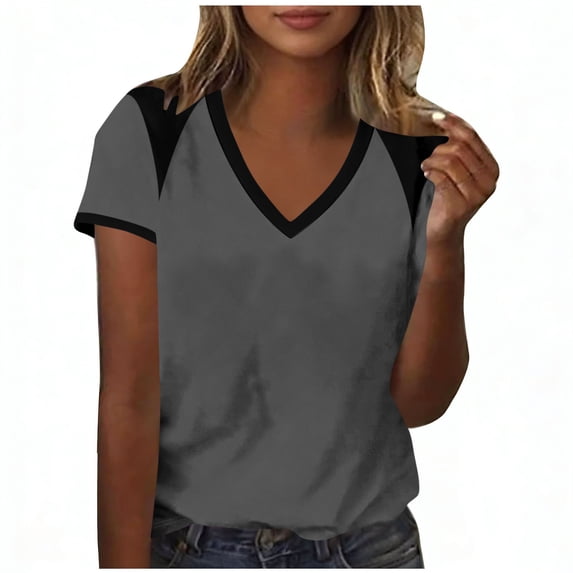 Enjoytime Short Sleeve Tops for Women Patchwork V-Neck T-Shirt Summer Business Casual Basic Tees