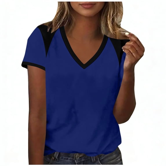 Enjoytime Short Sleeve Tops for Women Patchwork V-Neck T-Shirt Summer Business Casual Basic Tees