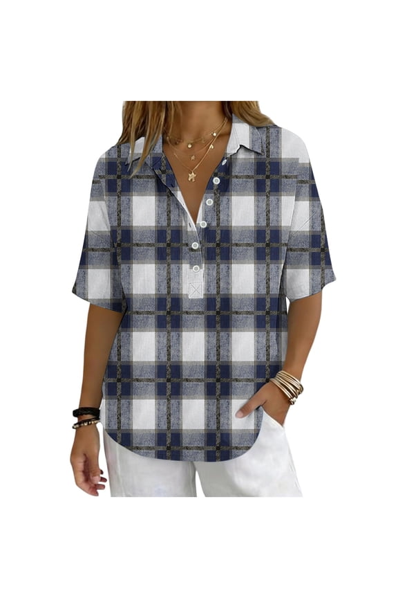 Short Sleeve Tops for Women Plaid Collared V-Neck Button Down Shirts Summer Casual Work Plus Size Blouse